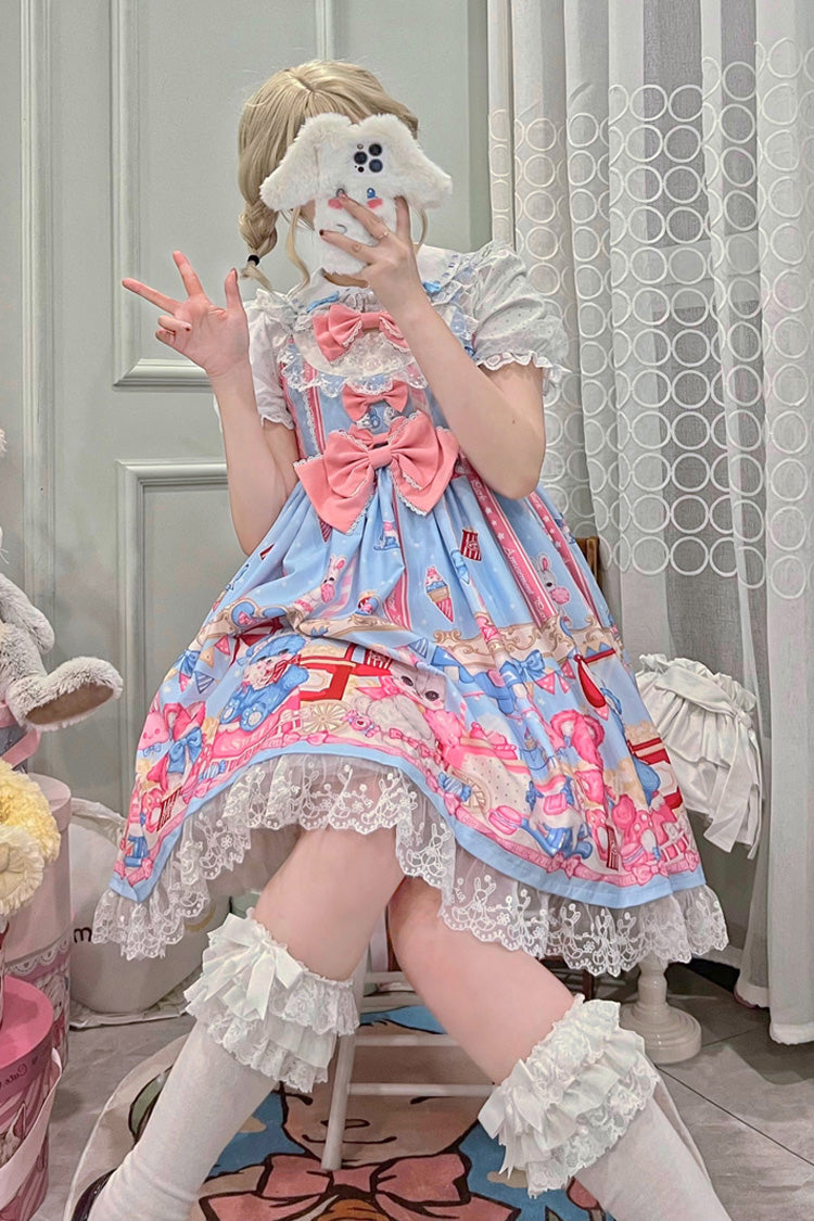 Blue/Pink Doll Playground Print Ruffle Bowknot Sweet Lolita Jsk Dress