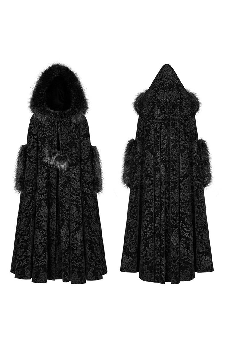 Black Fur Hood Front Fuzzy Ball Bandage Long Women's Gothic Cloak