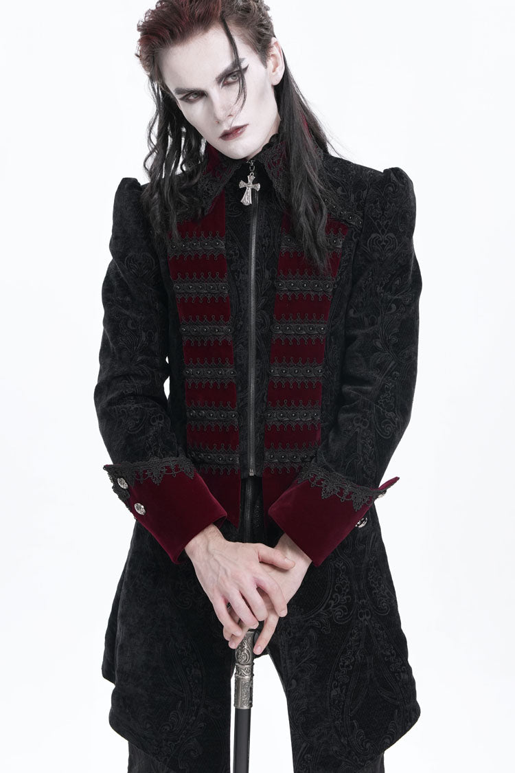 Black/Red Lapel Collar Long Sleeves Crochet  Men's Gothic Jacket