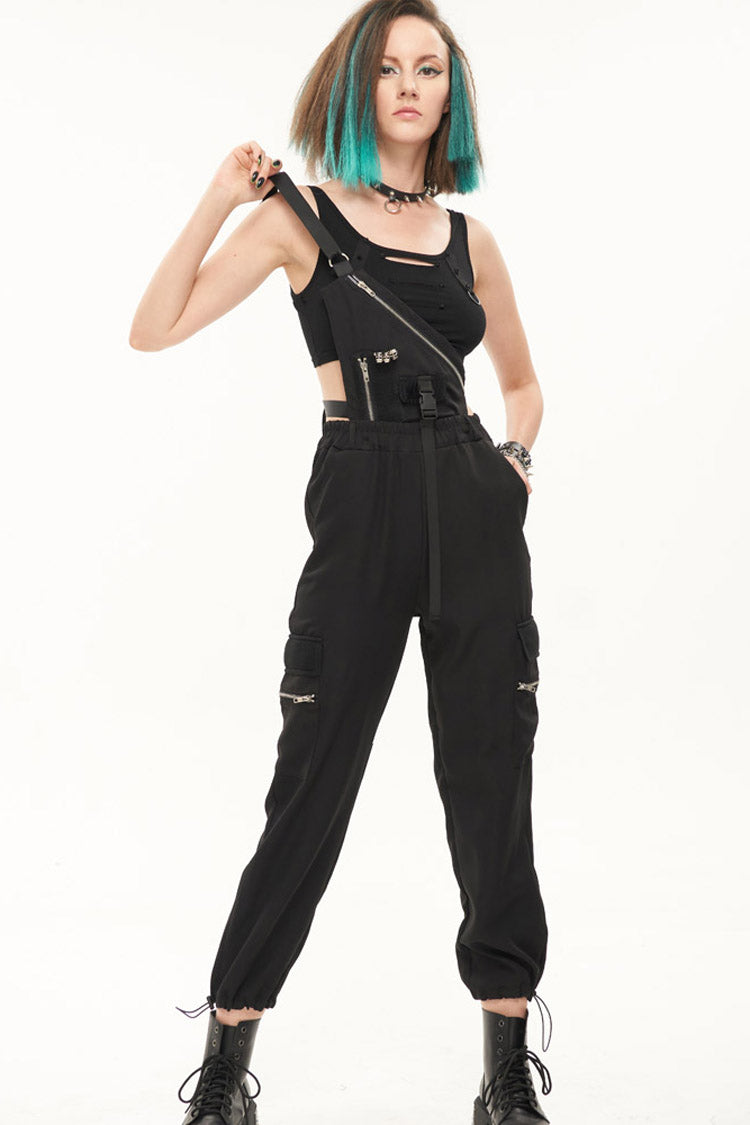 Black Punk Casual Single Shoulder Multiple Pockets Skull Head Decoration Strap Women's Pants