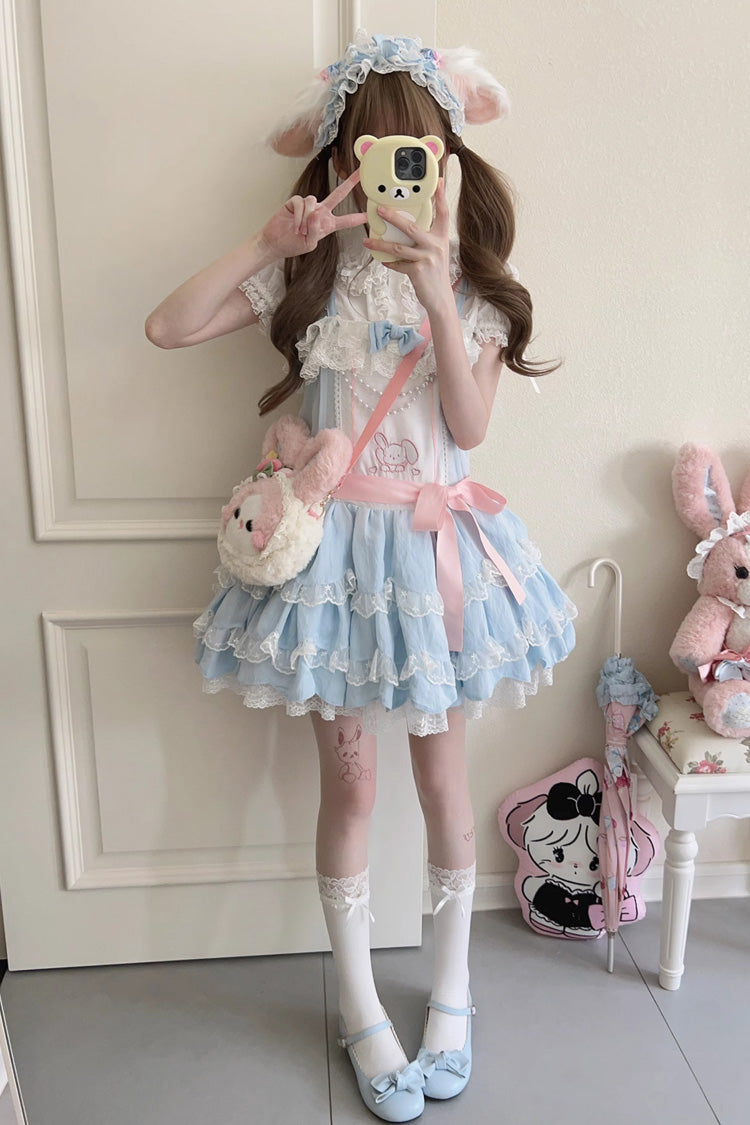 Blue Sleeveless Double-Layered Ruffle Rabbit Embroidery Bowknot Lace Sweet Lolita Jsk Dress