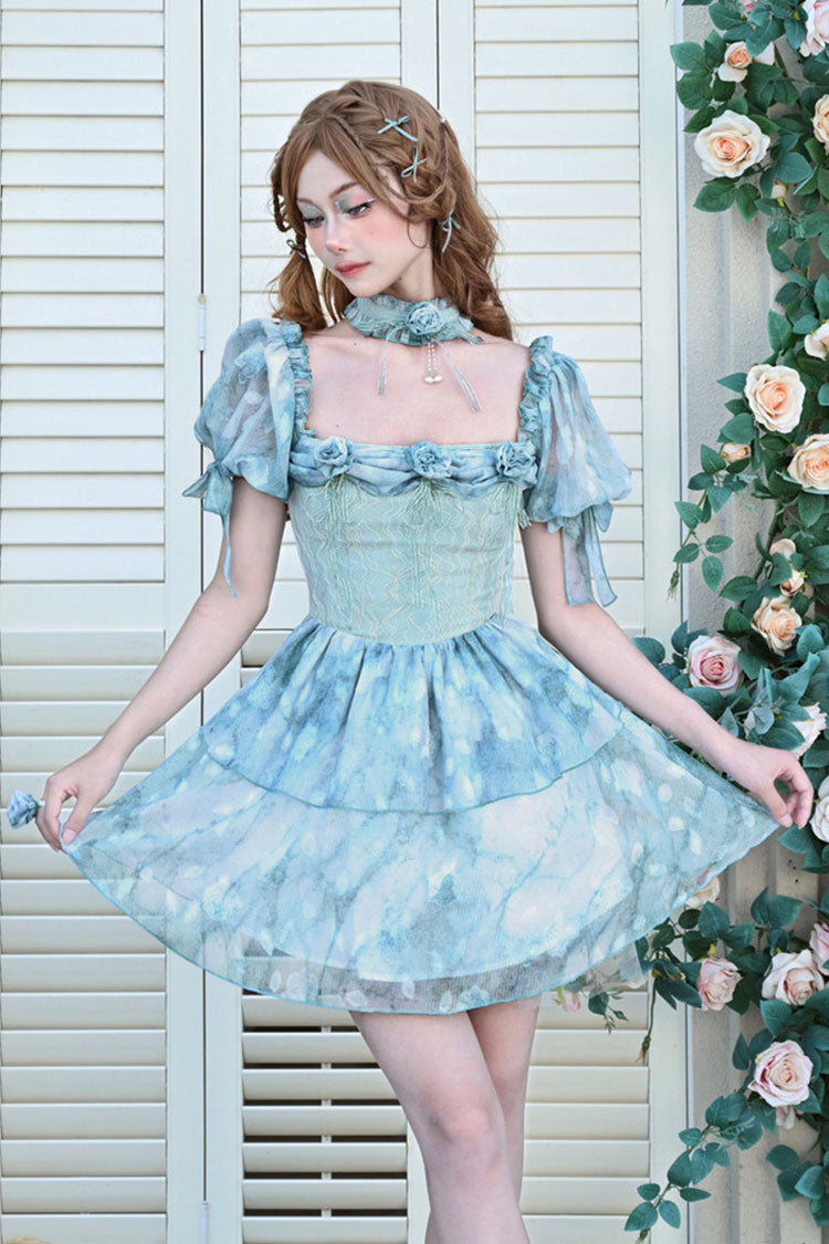 Blue Square Collar Short Puff Sleeves Multi-Layered Print Ruffle Bowknot Tie-dyed Sweet Princess Lolita Dress