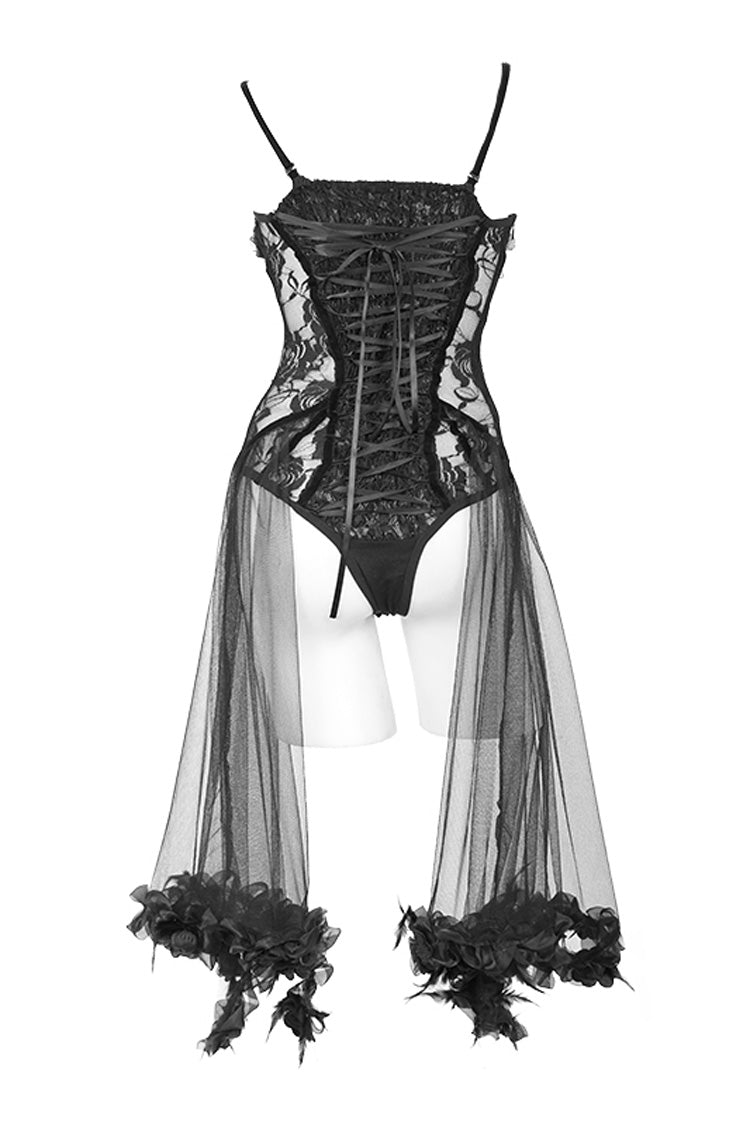 Black Translucent Rose Lace Mesh Hem Sling Women's Gothic Jumpsuit