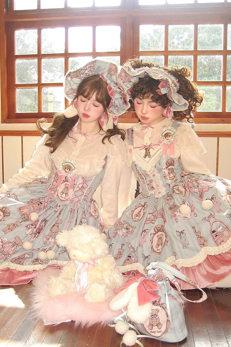 Pink/Green Bear Doll Wall Print Breast Support Ruffle Embroidery Bowknot Sweet Lolita Dress