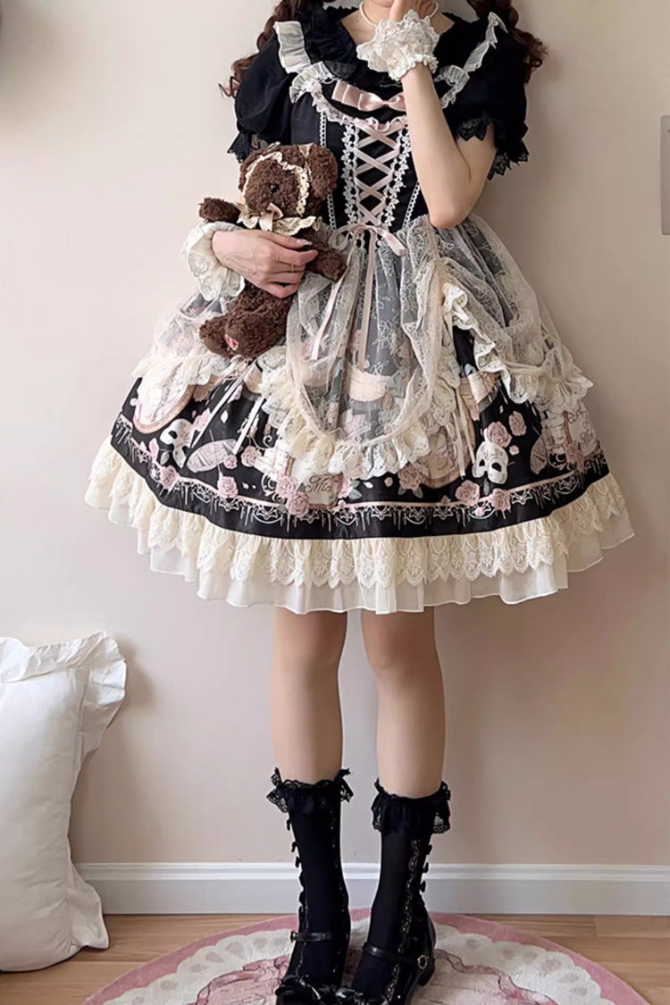 Black Sleeveless Rose Prologue Print Ruffle Bowknot Sweet Elegant Princess Lolita Jsk Dress