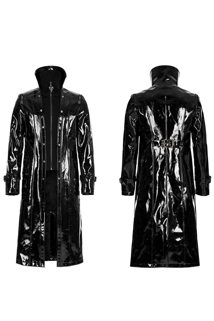 Black Dual Stand Collar Metal Buckle Patent Leather Stitching Mens Steampunk Coat