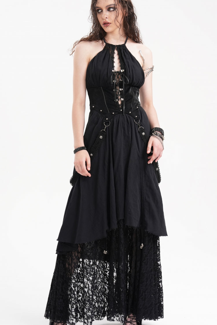 Black Halterneck Hollow Lace Women's Gothic Strap Maxi Dress