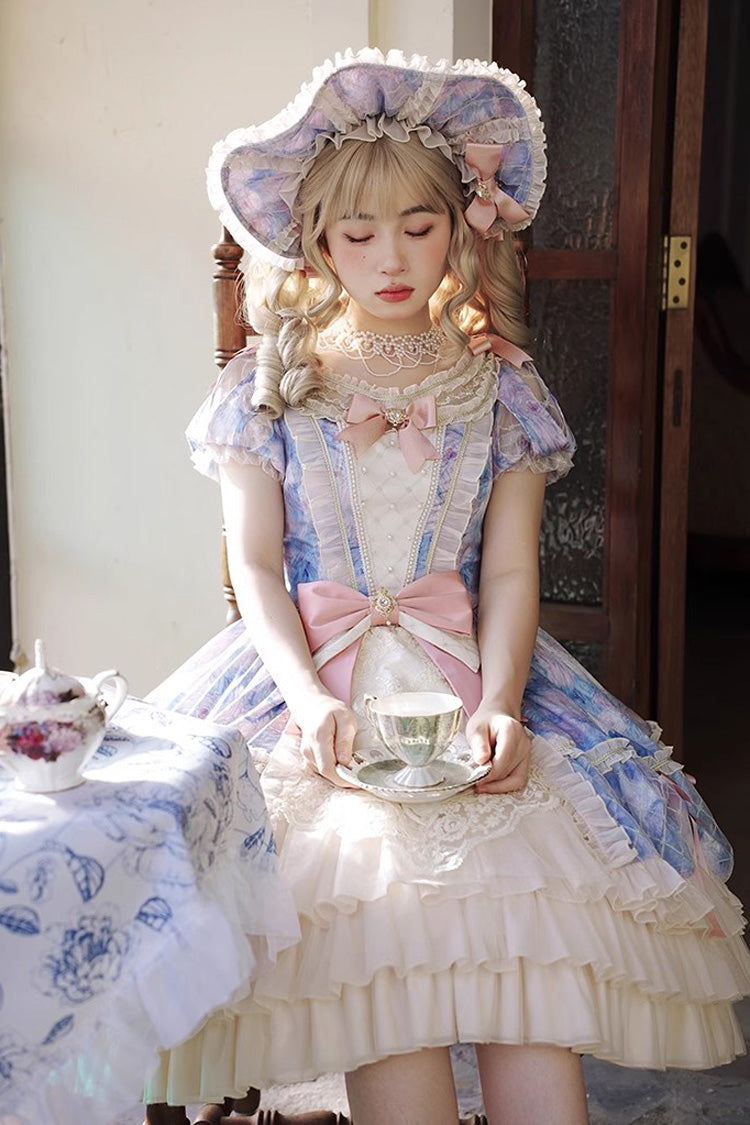 [Angel Heart Sky Oil Painting] Print Ruffle Cardigan Bowknot Sweet Princess Lolita Dress 3 Colors