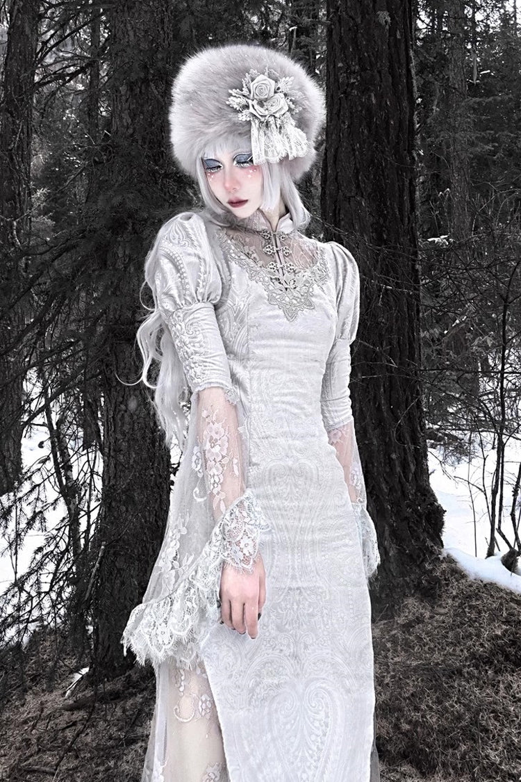 Silver [The Call of the Snow Country] V Collar Long Sleeves High Waisted Ruffle Lace Gothic Lolita Fishtail Dress