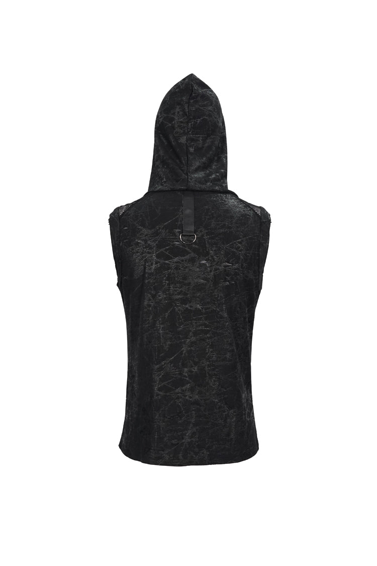 Black Skull Hollowed Out Print Stitched Sleeveless Chain Hoodie Men's Punk Shirt