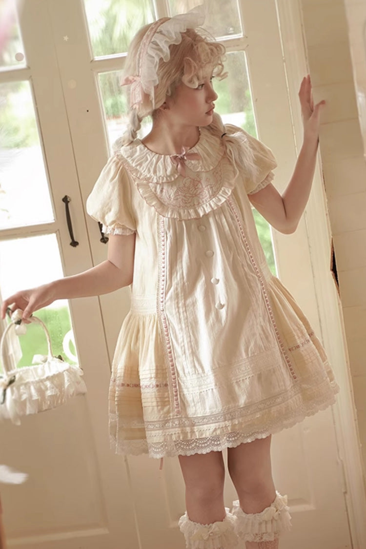 Light Yellow Doll Collar Short Sleeves Little Angel Print Bowknot Lace Sweet Lolita Dress