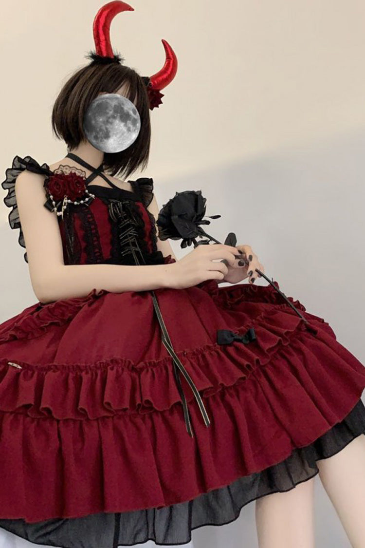 Red [Seven Deadly Sins - Wrath] Double-Layered Ruffle Stitching Lace Gothic Lolita Jsk Dress