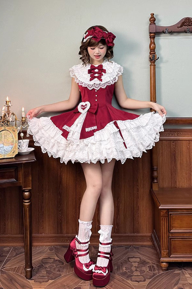 Red [Miss Tsundere] Sleeveless Multi-Layered Ruffle Bowknot Lace Asymmetric Sweet Princess Lolita Dress