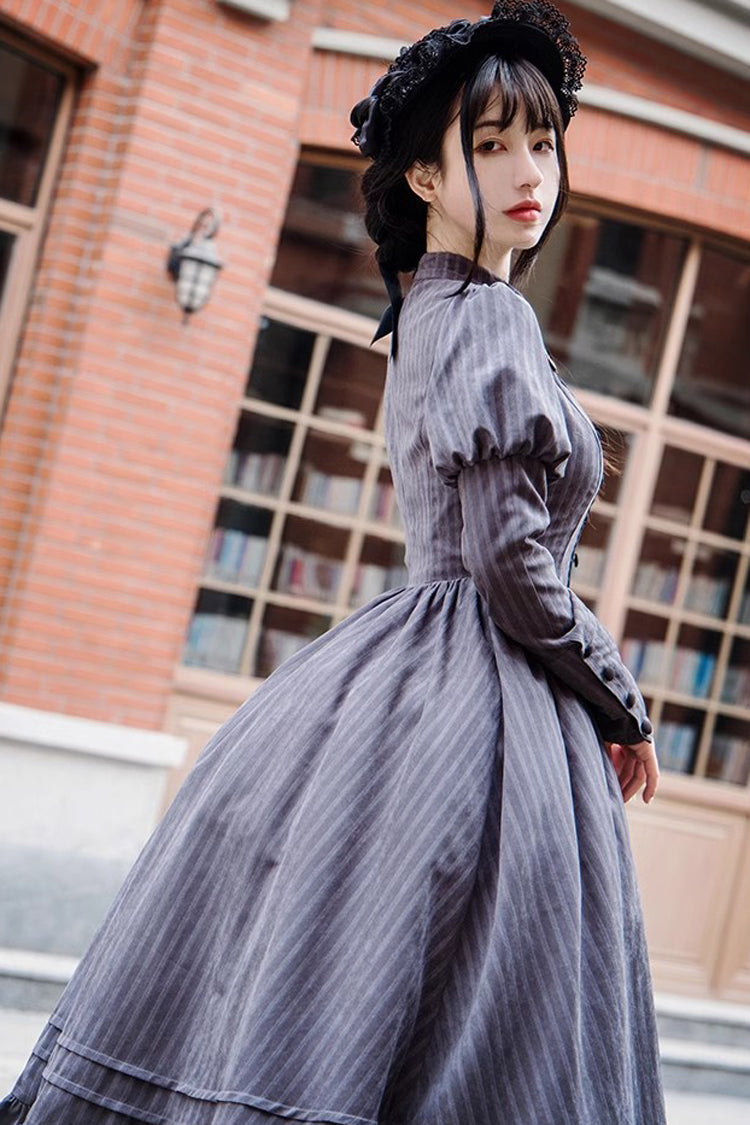 Gray Stripes Print Long Sleeves Classic Lolita Dress