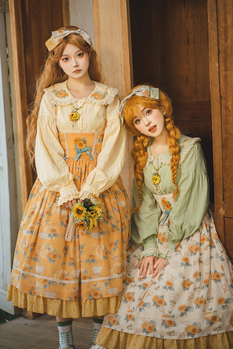 Apricot [Gardening Sunflower] Sleeveless Print Ruffle Bowknot Sweet Elegant Uplift Lolita Jsk Dress