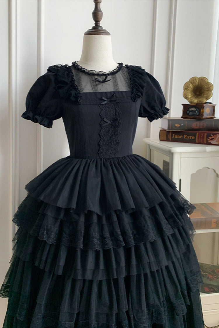 Schwarzes Twin Ivory Towers kurzärmliges fünflagiges Gothic Lolita-Kleid mit Rüschen