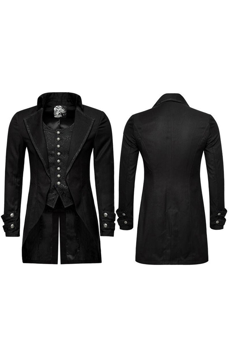 Black Retro Front Chest Splice Jacquard Metal Button Men's Punk Fake Two Piece Coat