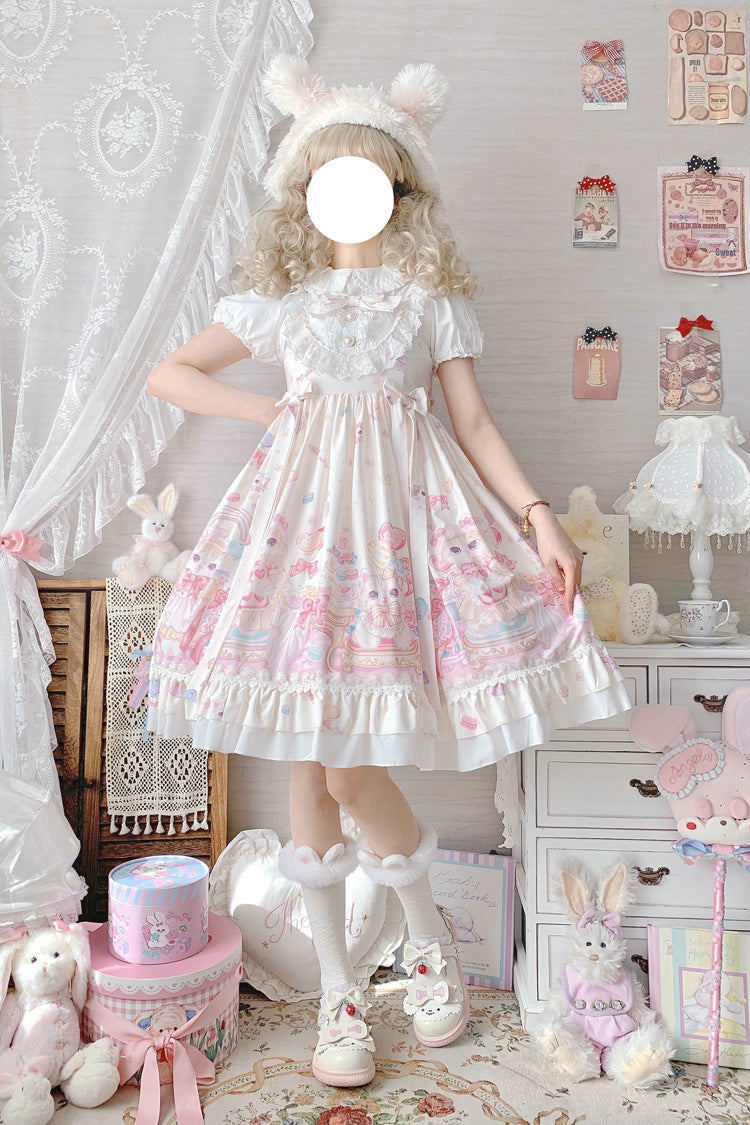 Elfenbeinfarbenes süßes Lolita JSK-Kleid mit Katzen-Print und hoher Taille, Rüschen und Schleife