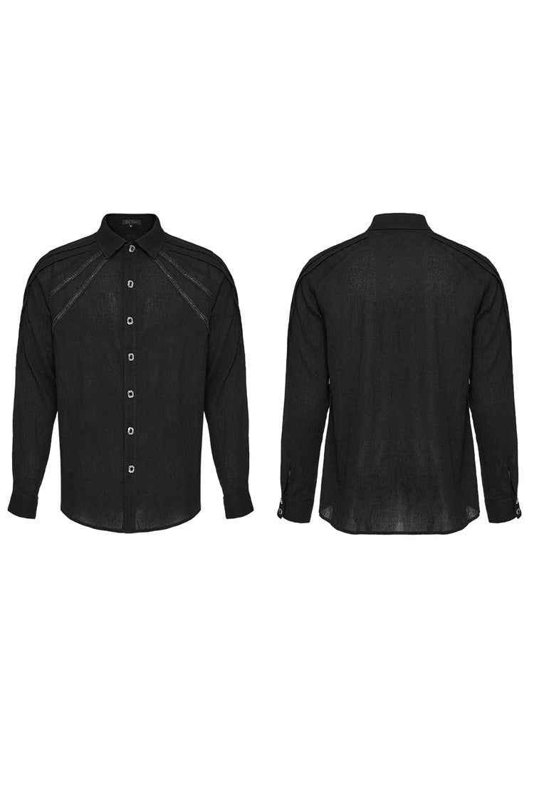 Black Lapel Collar Long Sleeves Metal Buttons Webbing Decoration Mens Gothic Blouse