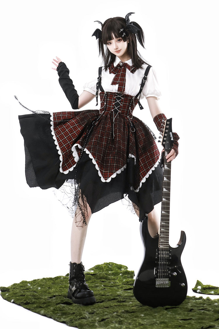 Schwarz/Rot [Soul Mantra] Süßes Lolita-Trägerkleid mit Karomuster und unregelmäßigem Saum