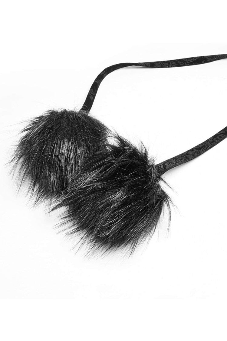 Black Fur Hood Front Fuzzy Ball Bandage Long Women's Gothic Cloak