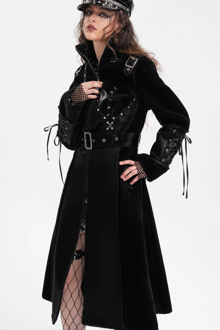 Black Women's Buckle-up Studs Eyelets Gothic Coat