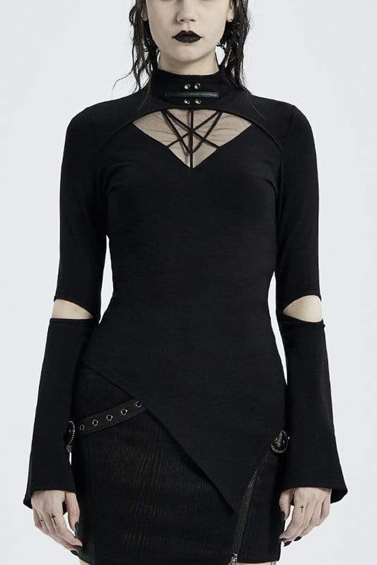 Black Gothic Stretch Knitted Fabric Spliced Geometric Mesh Design Women's Long Sleeve T-Shirt