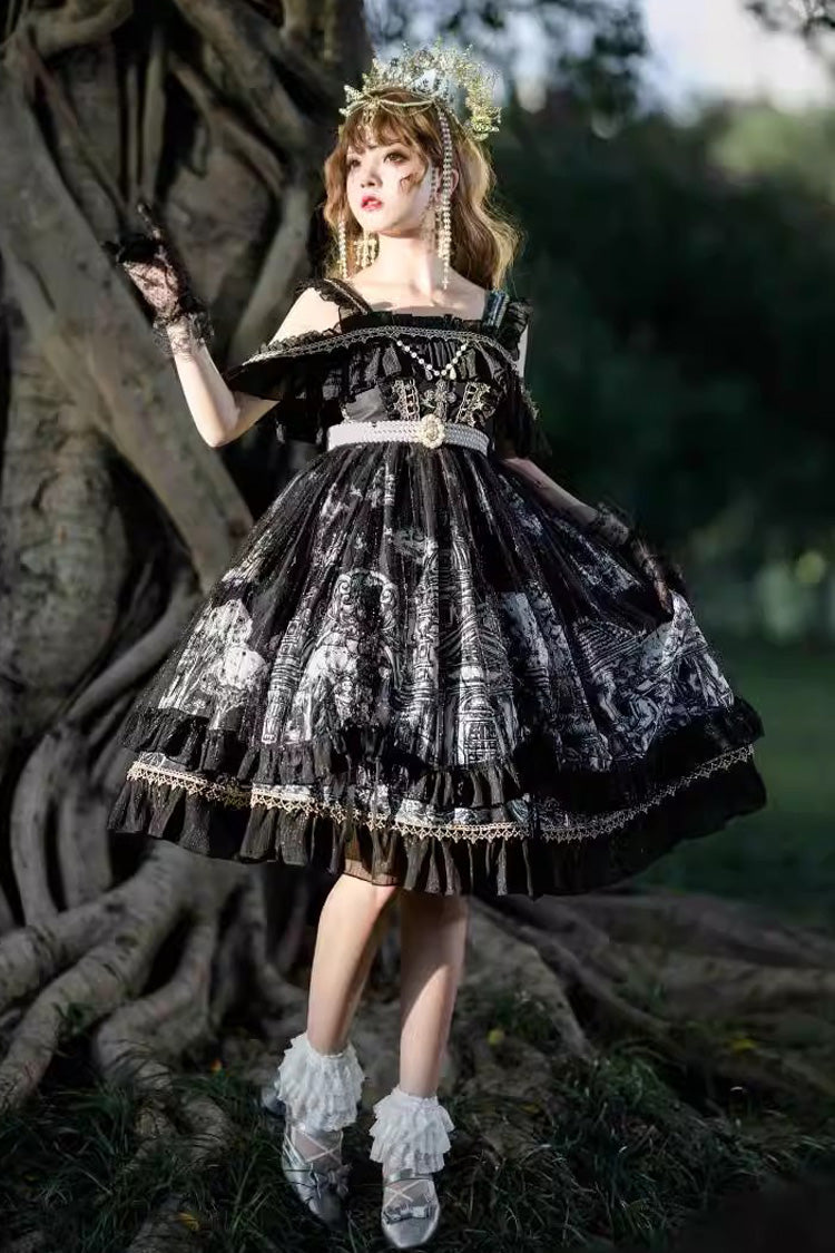 Schwarzes [Castle Feast] Gothic-Prinzessin-Lolita-Jsk-Kleid mit Rüschen und Schleife