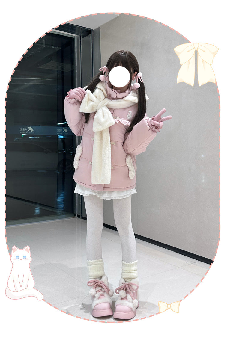 [Cute Cat] Long Sleeves Bowknot Hooded Sweet Lolita Coat 2 Colors