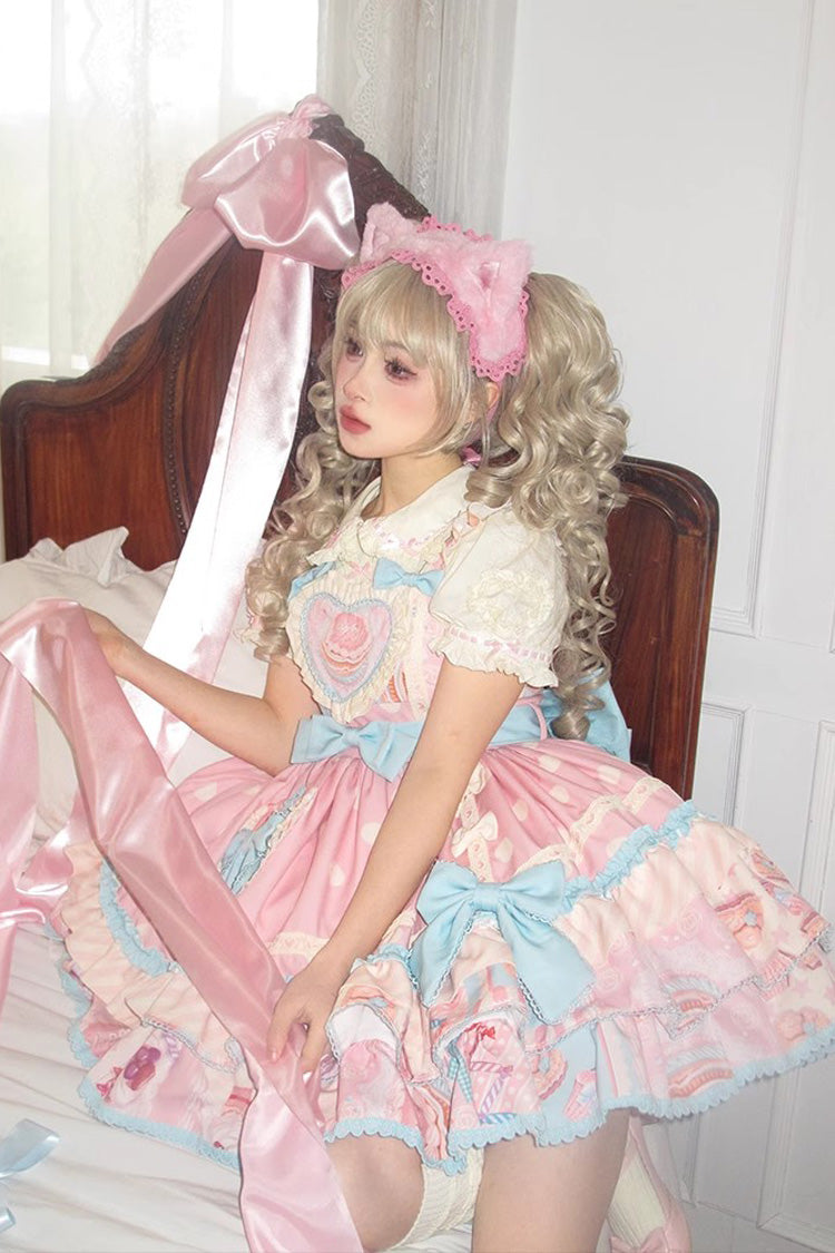 Rosa mehrlagiges Lolita JSK-Kleid mit Schleife und Herz-Print aus Zuckerguss