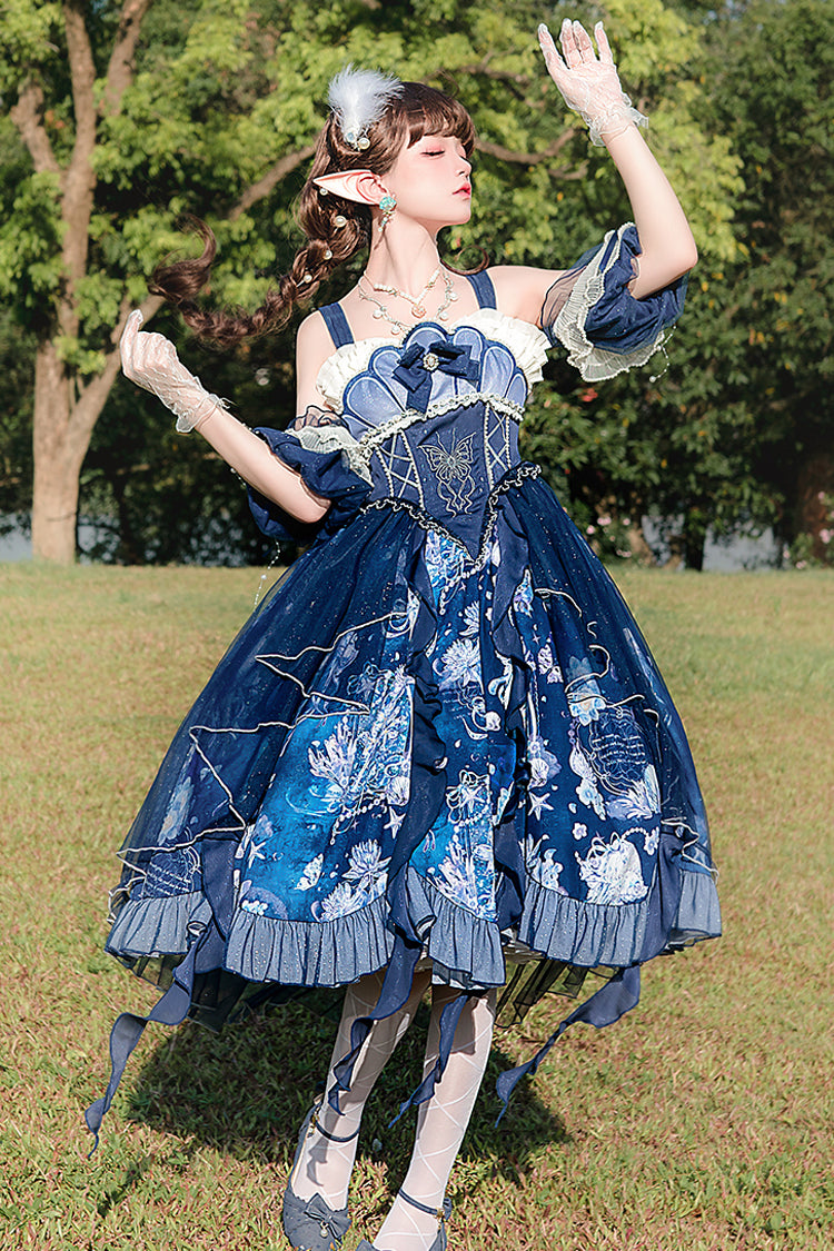 Blue [Deep Sea Jellyfish] Print Ruffle Lace Sweet Elegant Lolita Jsk Dress