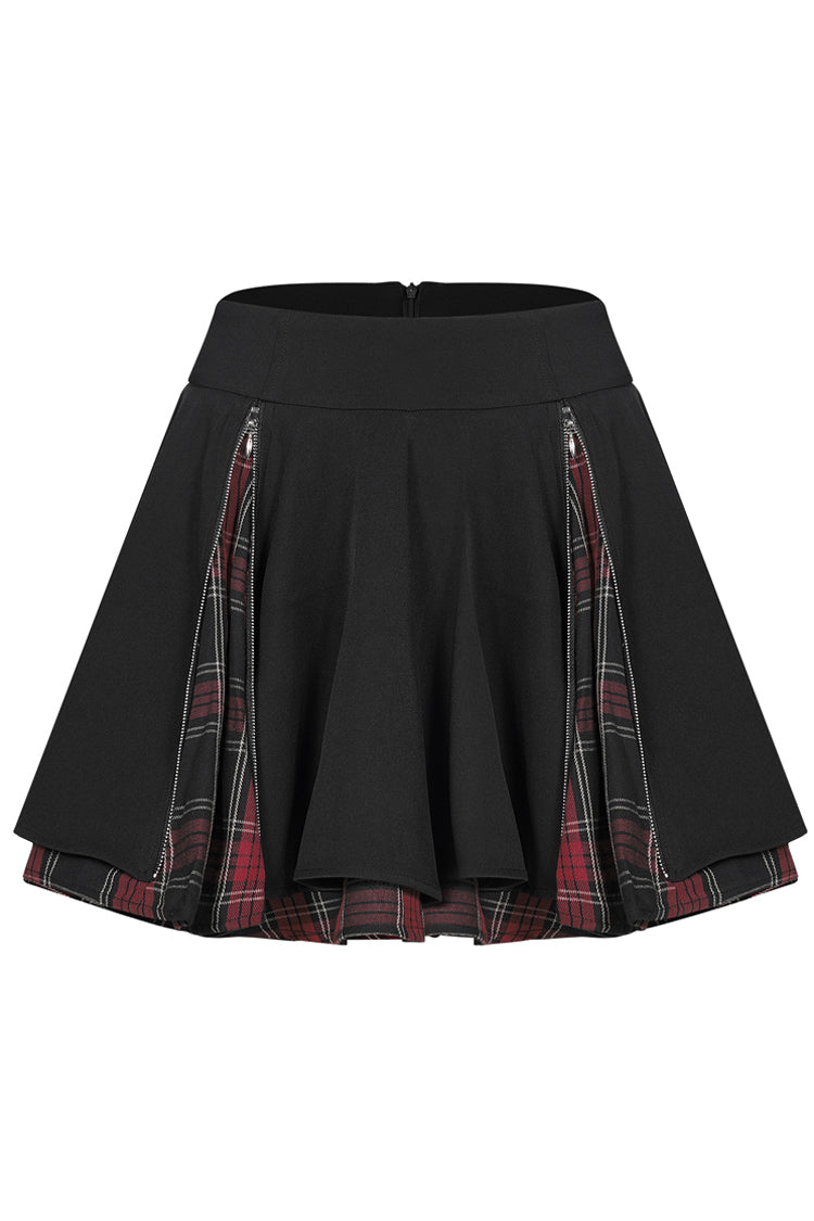 Black/Red Splice Plaid Metal Zipper Decoration Pleated Women's Punk Skirt