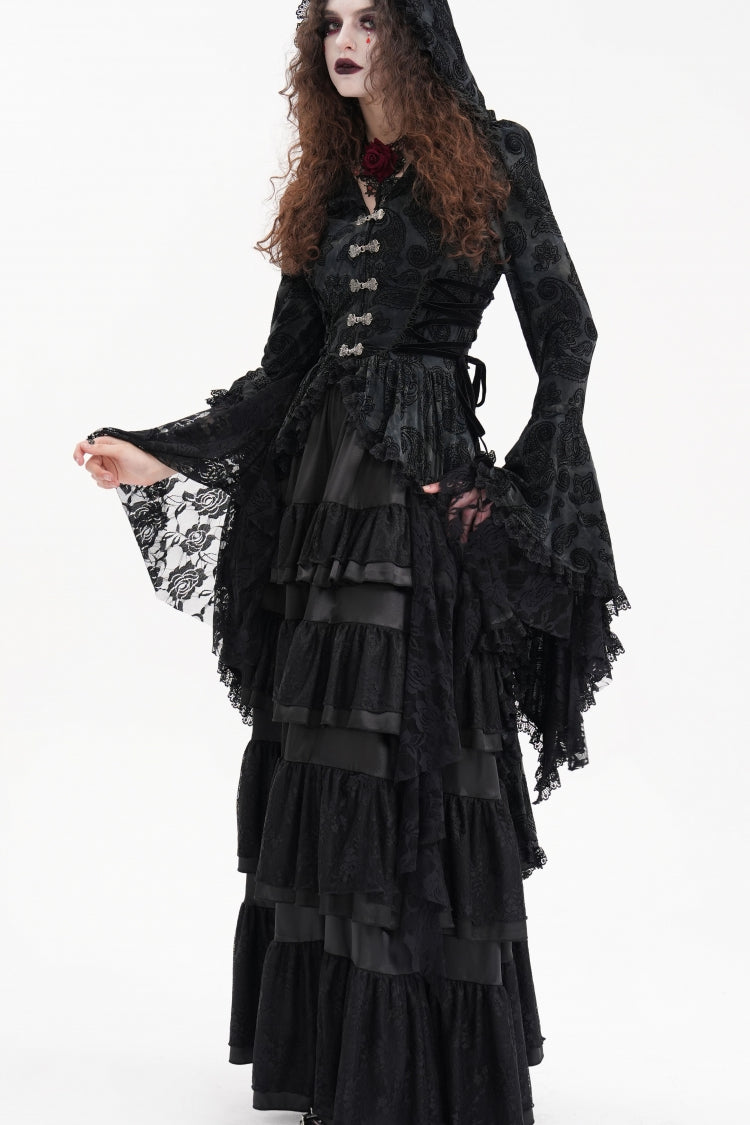 Black Long Trumpet Sleeves Multi-Layered Embroidery Lace Hooded Ripped Women's Gothic Jacket