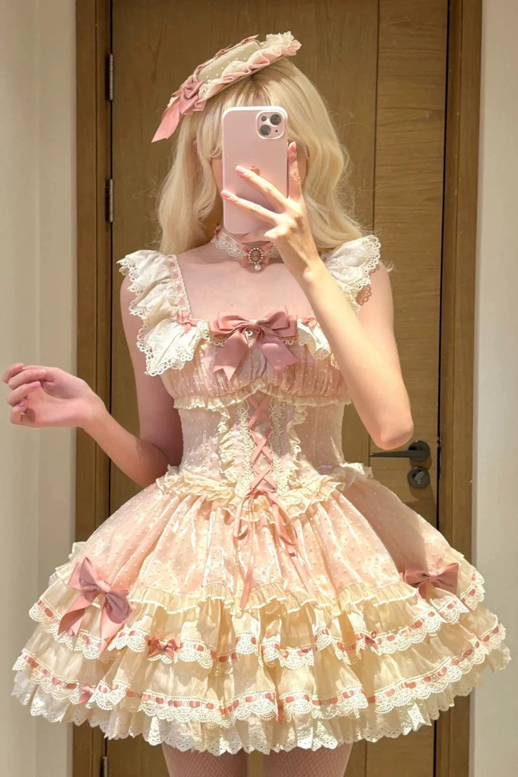 Pink Triple-Layered Bowknot Lace-Up Sweet Princess Ballet Lolita Jsk Dress