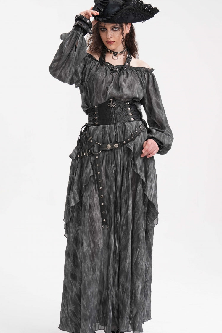 Schwarzer, langer Rock mit Rüschen und Schnürung im Gothic-Stil für Damen mit Ösen und Nieten