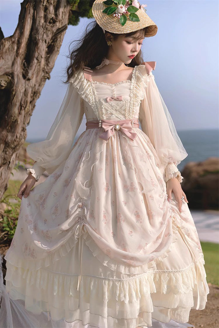 Elfenbeinfarbenes Lolita-Kleid mit mehrlagigem Druck, Rüschen und Schleife, süß und elegant