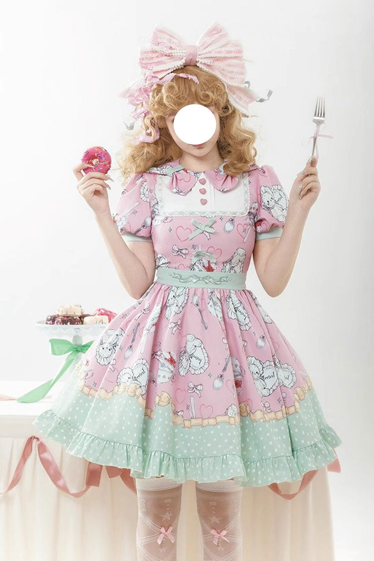 Pink/Green Tea Time Donut, Cake and Bear Print Ruffle Sweet Elegant Lolita Dress