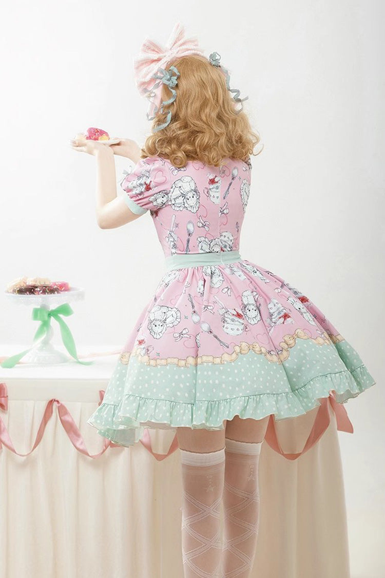 Pink/Green Tea Time Donut, Cake and Bear Print Ruffle Sweet Elegant Lolita Dress