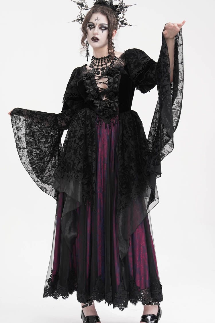 Black/Purple Crochet Long Sleeves Hanayome Lace Women's Gothic Dress