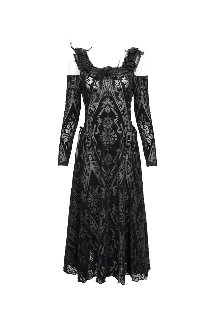 Schwarzes, schulterfreies, gerüschtes, beflocktes, langes Gothic-Kleid für Damen