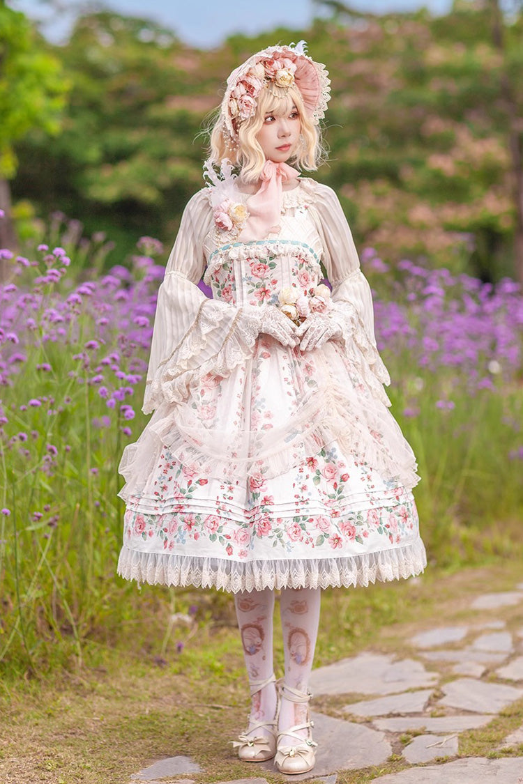 Apricot Rose Morning Dew Print Sweet Elegant Lolita Jsk Dress