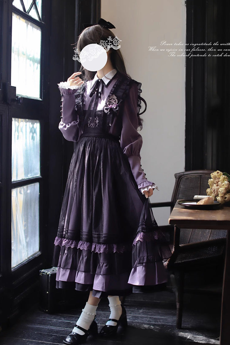 Schwarzes [Witch Academy] Doppellagiges Rüschenstickerei-Schleifennetz-Süßes elegantes Lolita-Pulloverkleid