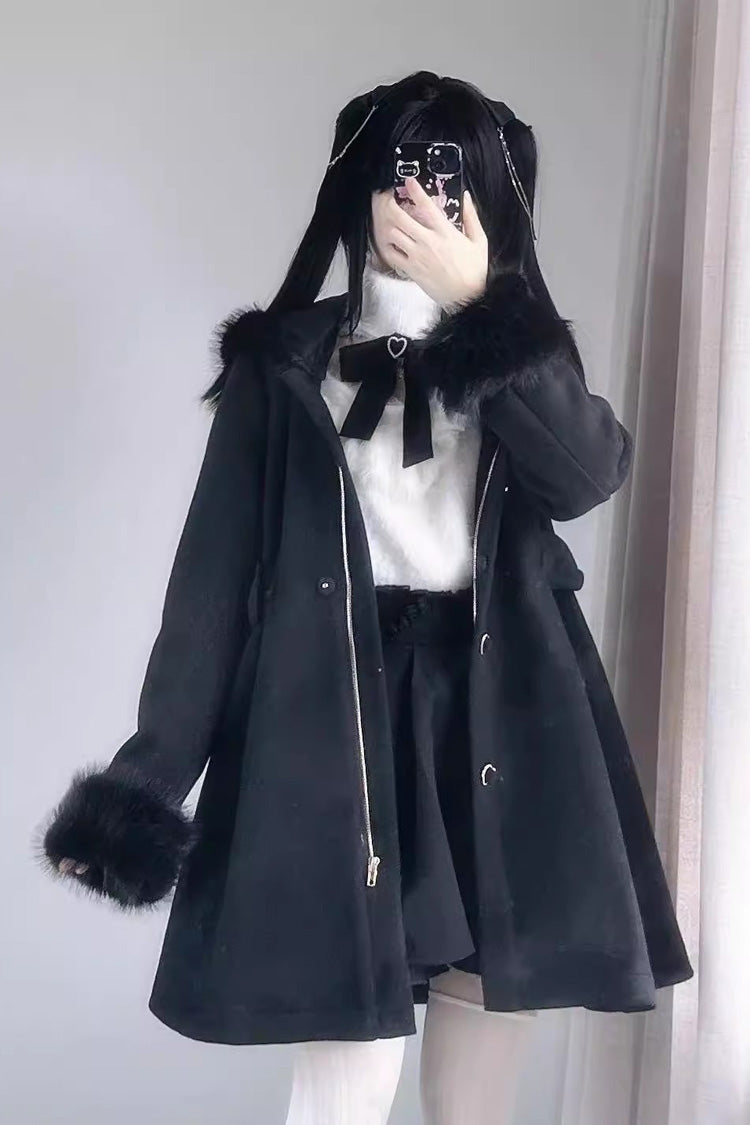 Plush Lop Rabbit Long Sleeves Hooded Detachable Sweet Jirai Kei Lolita Coat 2 Colors