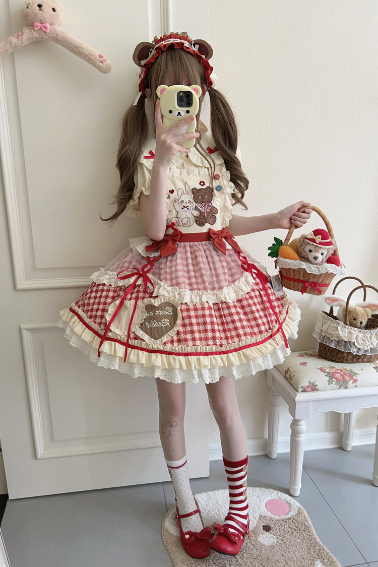 Rabbit Bear Diary Plaid Print Ruffle Bowknot Sweet Lolita Skirt 2 Colors (Blouse Included)