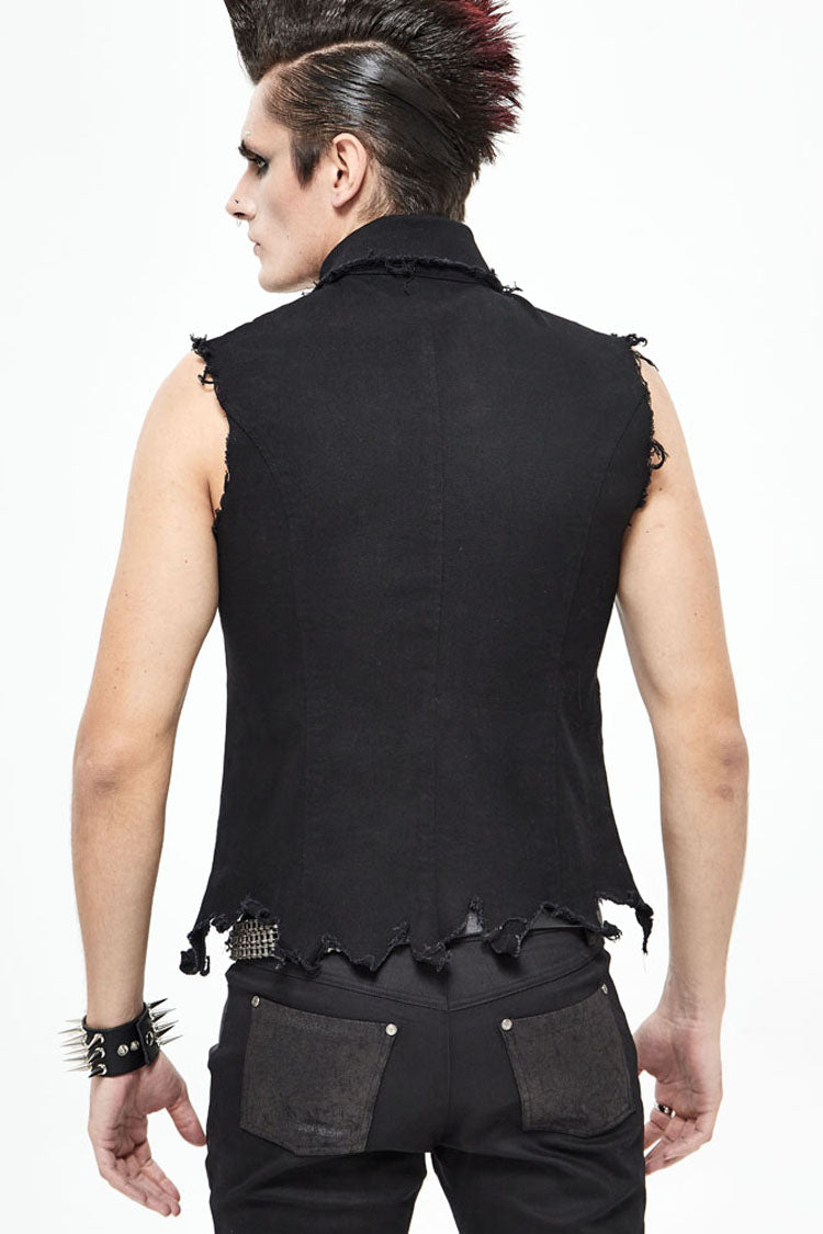 Black Worn Out Twill Mesh Decoration Rough Selvedge Hem Heavy Metal Men's Punk Waistcoat