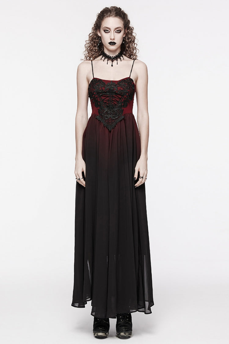 Black/Red Floral Embroidery Lace-Up Women's Gothic Slip Dress