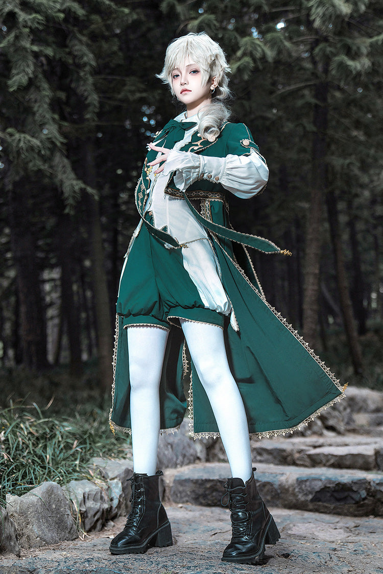 Green [Theocratic Messenger] Embroidery Classic Military Gorgeous Handsome Ouji Lolita Coat Blouse Shorts Set