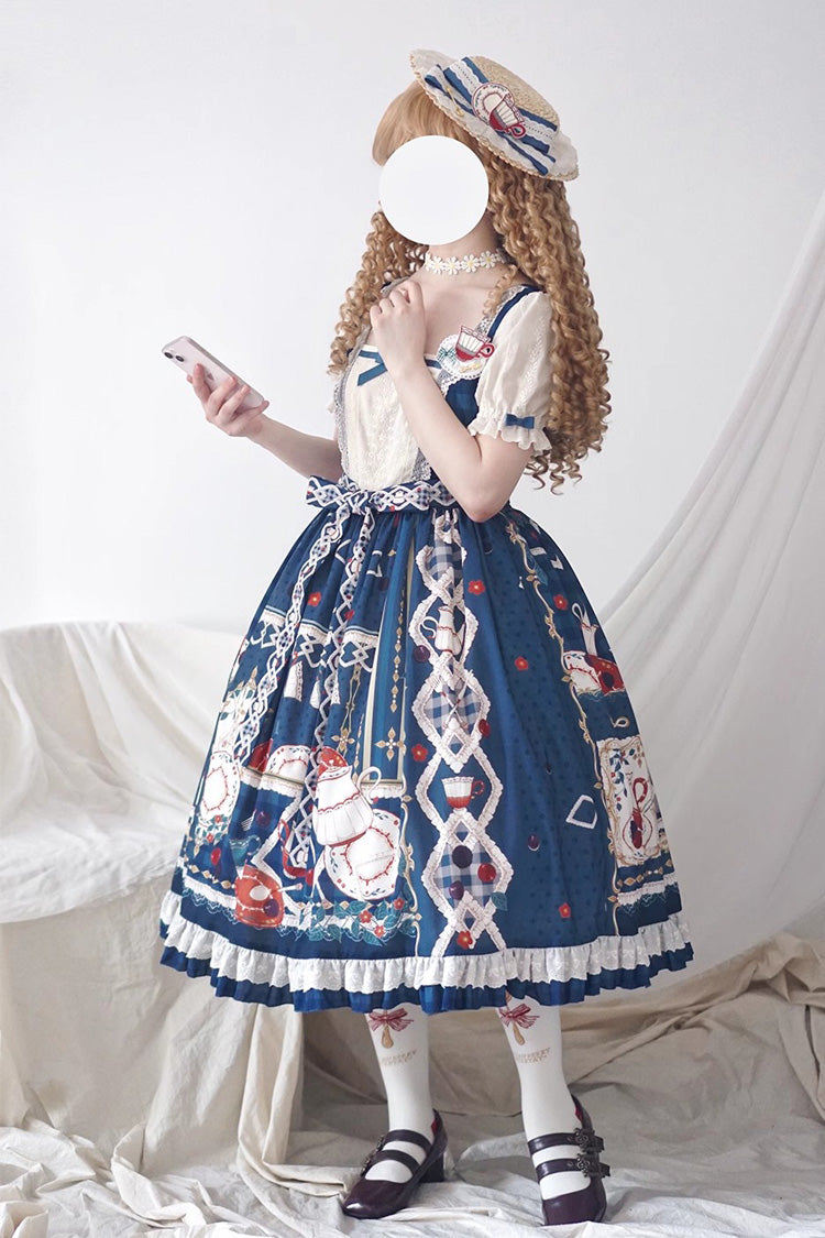 Dark Blue [Tea Party] Short Sleeves Print Ruffle Bowknot Lace Sweet Elegant Lolita Dress