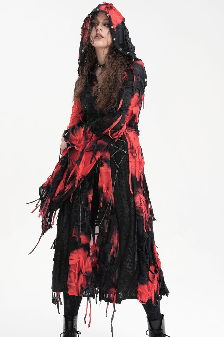 Black/Red Long Sleeves Lace Ripped Zipper Women's Punk Coat