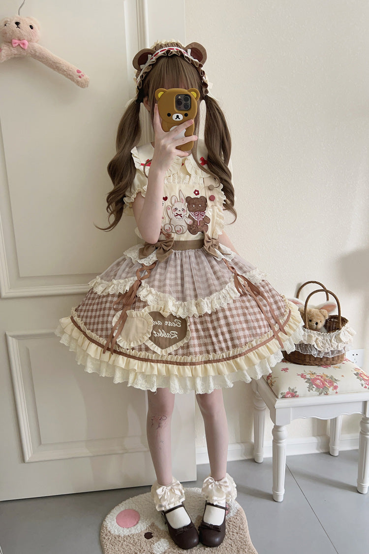 Rabbit Bear Diary Plaid Print Ruffle Bowknot Sweet Lolita Skirt 2 Colors (Blouse Included)